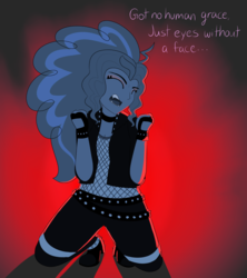 Size: 2000x2250 | Tagged: safe, artist:suchosophie, adagio dazzle, human, equestria girls, g4, billy idol, boots, choker, clothes, female, fingerless gloves, gloves, high res, jacket, kneeling, leather jacket, lyrics, music video reference, shoes, singing, solo, song reference, spiked belt, text