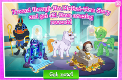 Size: 1034x680 | Tagged: safe, gameloft, idw, cyclops-clops, king anubis, alien, alien pony, cyclops, jackal, pony, unicorn, from the shadows, g4, my little pony: magic princess, advertisement, idw showified, limited-time story, marshan, throne, treasure