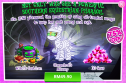 Size: 1036x684 | Tagged: safe, gameloft, idw, queen cleopatrot, g4, my little pony: magic princess, advertisement, costs real money, gem, idw showified, introduction card, mummy