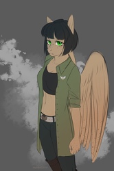 Size: 1438x2160 | Tagged: safe, artist:verashelenberg, oc, oc only, oc:pepper spice, pegasus, anthro, anthro oc, belt, clothes, female, freckles, green eyes, jacket, lapel pin, looking at you, midriff, pegasus oc, simple background, sketch, solo, tank top