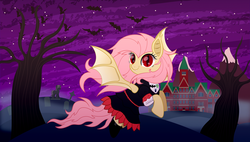 Size: 3292x1875 | Tagged: safe, artist:spellboundcanvas, fluttershy, bat, bat pony, pony, g4, bat ponified, clothes, dress, flutterbat, fog, gravestone, graveyard, hill, mist, mountain, nightmare night, race swap, tree