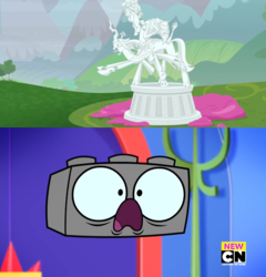 Size: 630x656 | Tagged: safe, edit, edited screencap, screencap, cozy glow, lord tirek, queen chrysalis, g4, the ending of the end, crossover, legion of doom statue, lego, meme, petrification, richard, shocked, unikitty!