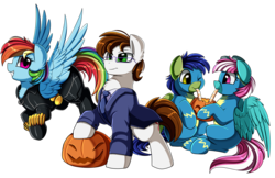 Size: 2630x1703 | Tagged: safe, artist:pridark, rainbow dash, spring step, sunlight spring, oc, oc:dreamer, oc:glyde, earth pony, pegasus, pony, g4, black widow (marvel), clothes, commission, drink, flying, glasses, green eyes, halloween, holiday, jack-o-lantern, one eye closed, pumpkin, smiling, straw, uniform, voice actor joke, wonderbolts uniform