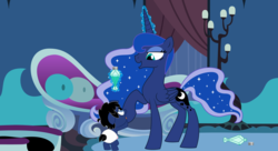 Size: 11000x6000 | Tagged: safe, artist:evilfrenzy, princess luna, oc, oc:frenzy, pony, g4, age regression, baby, colt, diaper, fruna, levitation, magic, male, maternaluna, motherly, show accurate, teasing, telekinesis