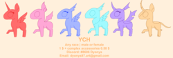 Size: 2307x778 | Tagged: safe, artist:dyonys, alicorn, bat pony, changeling, griffon, hippogriff, kirin, pony, commission, female, male, ych example, your character here