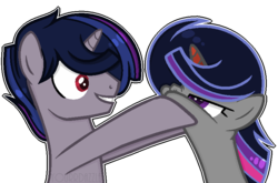 Size: 792x524 | Tagged: safe, artist:yourrdazzle, oc, oc only, oc:crescent moon, oc:midnight shade, pony, unicorn, base used, female, male, mare, offspring, parent:king sombra, parent:twilight sparkle, parents:twibra, siblings, simple background, squishy cheeks, stallion, transparent background