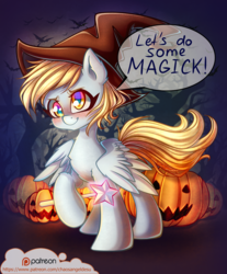 Size: 1000x1209 | Tagged: safe, artist:chaosangeldesu, derpy hooves, pegasus, pony, g4, blushing, female, halloween, hat, holiday, pumpkin, smiling, solo, witch hat
