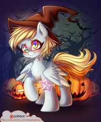 Size: 1000x1209 | Tagged: safe, artist:chaosangeldesu, derpy hooves, pegasus, pony, g4, blushing, female, halloween, hat, holiday, mare, pumpkin, smiling, solo, witch hat