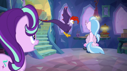 Size: 1280x720 | Tagged: safe, screencap, edith, silverstream, starlight glimmer, classical hippogriff, cockatrice, hippogriff, pony, g4, student counsel, female, flying, mare, red eyes, spread wings, stairs, treehouse of harmony, wings