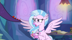 Size: 1920x1080 | Tagged: safe, screencap, edith, silverstream, classical hippogriff, cockatrice, hippogriff, g4, student counsel, book, female, jewelry, necklace, pencil, spread wings, treehouse of harmony, wings