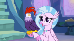 Size: 1920x1080 | Tagged: safe, screencap, edith, silverstream, classical hippogriff, cockatrice, hippogriff, g4, student counsel, duo, female, jewelry, necklace, red eyes, treehouse of harmony
