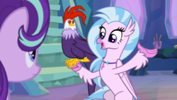 Size: 1920x1080 | Tagged: safe, screencap, edith, silverstream, starlight glimmer, classical hippogriff, cockatrice, hippogriff, pony, g4, student counsel, female, jewelry, mare, necklace, red eyes, treehouse of harmony