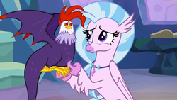 Size: 1280x720 | Tagged: safe, screencap, edith, silverstream, classical hippogriff, cockatrice, hippogriff, g4, student counsel, duo, female, jewelry, necklace, red eyes, treehouse of harmony