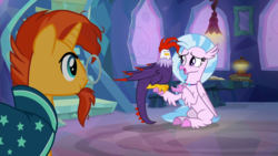 Size: 1920x1080 | Tagged: safe, screencap, edith, silverstream, sunburst, classical hippogriff, cockatrice, hippogriff, pony, unicorn, g4, student counsel, beard, facial hair, female, glasses, jewelry, male, necklace, red eyes, stallion, treehouse of harmony