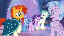 Size: 1920x1080 | Tagged: safe, screencap, silverstream, starlight glimmer, sunburst, terramar, trixie, hippogriff, pony, unicorn, g4, student counsel, brother and sister, female, male, mare, siblings, stallion, treehouse of harmony