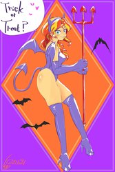 Size: 1000x1500 | Tagged: safe, artist:sozglitch, sunset shimmer, bat, equestria girls, abstract background, clothes, costume, dialogue, digital art, female, halloween, halloween costume, holiday, smiling, solo, speech bubble, trick or treat