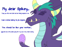 Size: 960x720 | Tagged: safe, artist:damiranc1, gaius, spike, dragon, g4, egg, eyes closed, father and son, former dragon lord gaius, headcanon, implied princess celestia, male, sad, simple background, spike's egg, spread wings, text, transparent background, trap, wings