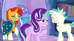 Size: 1920x1080 | Tagged: safe, screencap, starlight glimmer, sunburst, terramar, trixie, hippogriff, pony, unicorn, g4, my little pony: friendship is magic, student counsel, eyes closed, female, group, male, mare, quartet, stallion, treehouse of harmony