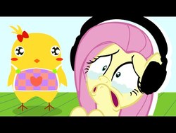 Size: 480x360 | Tagged: safe, artist:vannamelon, fluttershy, oc, oc:shelly, pegasus, pony, g4, can your pet, crying, headphones, semi-grimdark source, this will end in tears, thumbnail, vannamelon