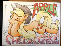 Size: 2048x1536 | Tagged: safe, artist:andypriceart, idw, applejack, earth pony, pony, g4, spoiler:comic, female, looking at you, mare, one eye closed, prone, smiling, smirk, solo, traditional art, wink