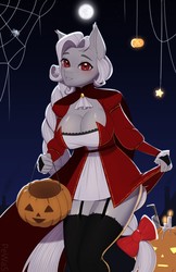 Size: 827x1280 | Tagged: safe, artist:pewas, oc, oc only, oc:myxine, earth pony, vampire, anthro, breasts, cleavage, clothes, costume, female, halloween, holiday, mare, moon, night, pumpkin, solo, spider web
