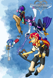 Size: 932x1358 | Tagged: safe, artist:jake heritagu, aria blaze, sci-twi, sunset shimmer, twilight sparkle, oc, oc:sparkling sapphire, comic:aria's archives, equestria girls, g4, clothes, cosplay, costume, disney, female, halloween, holiday, keyblade, kingdom hearts, magical lesbian spawn, nightmare night, offspring, parent:sci-twi, parent:sunset shimmer, parents:scitwishimmer