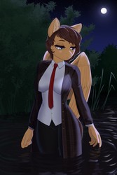 Size: 853x1280 | Tagged: safe, artist:pewas, oc, oc only, pegasus, anthro, alternate universe, anthro oc, clothes, coat, female, mare, moon, necktie, night, solo, suit, tree, water