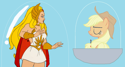 Size: 1007x544 | Tagged: safe, artist:guihercharly, applejack, g4, crossover, glass dome, hover car, she-ra, she-ra princess of power, space pod, vehicle