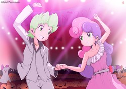 Size: 2923x2067 | Tagged: safe, artist:ryured, apple bloom, scootaloo, spike, sweetie belle, ghost, human, werewolf, g4, armpits, bedsheet ghost, clothes, commission, costume, cutie mark crusaders, dancing, female, halloween, halloween costume, high res, holiday, humanized, male, ship:spikebelle, shipping, straight