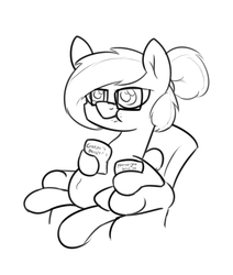 Size: 956x1125 | Tagged: source needed, safe, artist:moonatik, oc, oc only, oc:moonatik, pegasus, pony, belly, candy, chair, eating, food, glasses, hair bun, solo