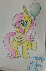 Size: 668x1024 | Tagged: safe, artist:pixelkip, fluttershy, oc, oc:shelly, pegasus, pony, g4, animal, balloon, chick, hat, party hat, traditional art