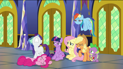 Size: 1920x1080 | Tagged: safe, screencap, applejack, fluttershy, pinkie pie, rainbow dash, rarity, spike, twilight sparkle, alicorn, dragon, earth pony, pegasus, pony, unicorn, g4, the last problem, crying, crying on the outside, female, flying, handkerchief, male, mane seven, mane six, mare, sad, tissue, twilight sparkle (alicorn), winged spike, wings
