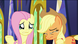 Size: 1920x1080 | Tagged: safe, screencap, applejack, fluttershy, earth pony, pegasus, pony, g4, the last problem, applejack's hat, cowboy hat, crying, crying on the outside, cute, duo, duo female, eyes closed, female, hat, lip bite, mare, sad, sadorable, teary eyes, twilight's castle