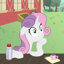 Size: 1000x1000 | Tagged: safe, artist:crystalightx, sweetie belle, pony, unicorn, g4, ponyville confidential, season 9, blank stare, coffee, cup, female, leaning, mare, meme, meme interpretation, notepad, older, older sweetie belle, scene interpretation, solo, sudden clarity older sweetie belle, sudden clarity sweetie belle