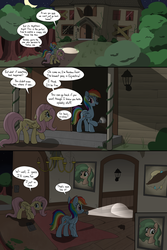 Size: 2000x3000 | Tagged: safe, artist:skitter, fluttershy, rainbow dash, oc, oc:daffodil dream, pegasus, pony, comic:secret of the haunted nursery, g4, abandoned, aside glance, butt, comic, female, flashlight (object), haunted house, high res, looking at you, mare, mouth hold, painting, plot, speech bubble