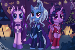 Size: 3000x2000 | Tagged: safe, artist:0okami-0ni, starlight glimmer, trixie, twilight sparkle, alicorn, pony, unicorn, g4, alternate hairstyle, clothes, crossover, darcy (winx club), digital art, female, gloves, high res, icy, mare, night, nightmare night, shoes, stormy, the trix, twilight sparkle (alicorn), winx club, witch