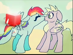 Size: 1336x1018 | Tagged: safe, artist:rosetheeevee12, edit, rainbow dash, spike, pegasus, pony, g4, female, kissing, male, ponified, ship:rainbowspike, shipping, species swap, straight