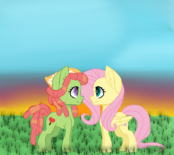 Size: 1500x1334 | Tagged: safe, artist:forgottenchesire, derpibooru exclusive, fluttershy, tree hugger, earth pony, pegasus, pony, g4, base used, female, lesbian, ship:flutterhugger, shipping