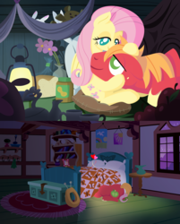 Size: 2200x2740 | Tagged: safe, anonymous artist, angel bunny, big macintosh, fluttershy, series:fm holidays, g4, apple, bed, bread, cuddling, cute, female, floating heart, flower pot, food, heart, high res, horse collar, lantern, lineless, looking at each other, male, night, nightmare night, no pupils, peanut butter, ship:fluttermac, shipping, sleeping, straight, teddy bear, under the bed