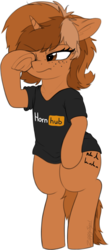 Size: 1096x2519 | Tagged: safe, artist:zippysqrl, oc, oc only, oc:sign, pony, unicorn, semi-anthro, bipedal, bottomless, clothes, female, freckles, grumpy, hoof on head, hornhub, mare, nudity, partial nudity, rubbing eyes, shirt, simple background, solo, t-shirt, transparent background, underhoof
