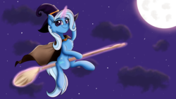 Size: 1920x1080 | Tagged: safe, artist:sadtrooper, trixie, pony, unicorn, g4, broom, chest fluff, flying, flying broomstick, full moon, halloween, hat, holiday, levitation, lidded eyes, looking at you, magic, moon, smiling, telekinesis, witch, witch hat