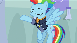 Size: 1920x1080 | Tagged: safe, edit, edited screencap, screencap, rainbow dash, pegasus, pony, g4, my little pony: friendship is magic, the last problem, clothes, eyes closed, female, flying, jacket, mare, older, older rainbow dash, removed eyebag edit, solo