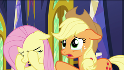Size: 1920x1080 | Tagged: safe, screencap, applejack, fluttershy, earth pony, pegasus, pony, g4, the last problem, applejack's hat, covering eyes, cowboy hat, crying, crying on the outside, cute, duo, duo female, eyes closed, female, floppy ears, hat, open mouth, raised hoof, sad, sadorable, teary eyes, twilight's castle