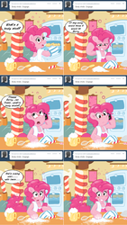 Size: 1002x1772 | Tagged: safe, artist:pippy, pinkie pie, earth pony, pony, pinkiepieskitchen, g4, apron, blushing, cellphone, cider mug, clothes, comic, drunk, female, food, muffin, mug, oven, phone, solo