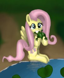 Size: 1890x2298 | Tagged: safe, artist:platinumdrop, fluttershy, frog, pegasus, pony, g4, female, happy, lilypad, mare, smiling, solo