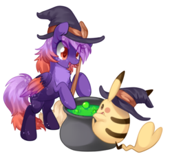 Size: 950x853 | Tagged: source needed, useless source url, safe, artist:loyaldis, oc, oc only, oc:ardent dusk, pegasus, pikachu, pony, broom, cauldron, chest fluff, female, hat, heart eyes, pokémon, simple background, solo, transparent background, wingding eyes, witch hat, ych result