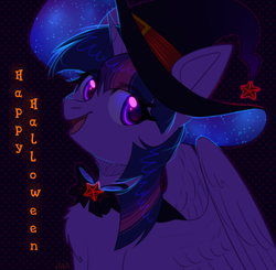 Size: 1869x1828 | Tagged: safe, artist:avrameow, twilight sparkle, alicorn, pony, unicorn, g4, bowtie, cute, female, halloween, happy halloween, hat, holiday, looking at you, mare, open mouth, smiling, solo, twilight sparkle (alicorn), witch hat