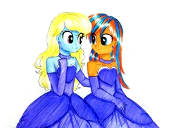 Size: 3215x2322 | Tagged: safe, artist:liaaqila, oc, oc:azure/sapphire, oc:cold front, equestria girls, g4, clothes, crossdressing, dress, femboy, gowns, high res, male, matching outfits, traditional art