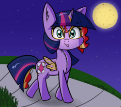 Size: 2340x2068 | Tagged: safe, artist:artiks, sunset shimmer, twilight sparkle, alicorn, pony, unicorn, g4, alicorn costume, clothes, costume, fake horn, fake wings, female, full moon, halloween, halloween costume, high res, holiday, mare, moon, pony costume, solo, twilight sparkle (alicorn), twilight sparkle costume, twilight wig