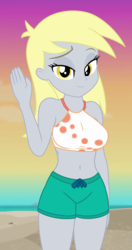 Size: 580x1095 | Tagged: safe, edit, edited screencap, editor:ah96, screencap, derpy hooves, aww... baby turtles, equestria girls, equestria girls series, g4, belly button, breast edit, breasts, busty derpy hooves, clothes, clothes edit, cropped, female, lidded eyes, looking at you, smiling, solo, swimsuit, swimsuit edit, waving